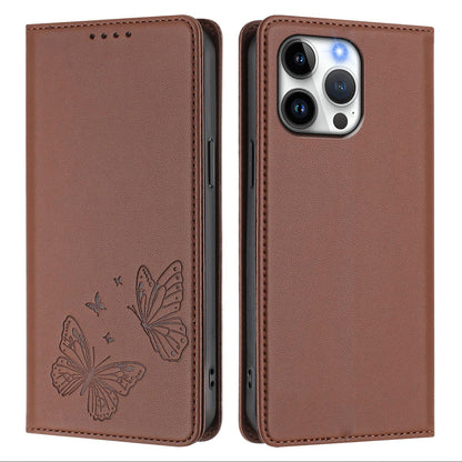 For iPhone 16 Pro Max Wallet Case RFID Blocking Butterfly Imprinted Magnetic Flip Leather Cover
