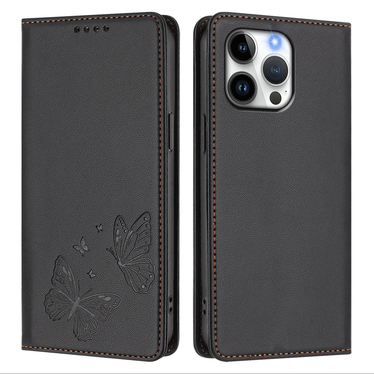 For iPhone 16 Pro Max Wallet Case RFID Blocking Butterfly Imprinted Magnetic Flip Leather Cover