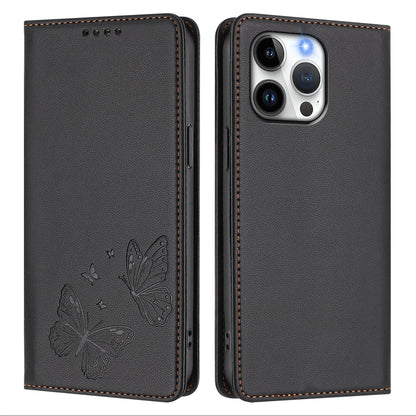 For iPhone 16 Pro Max Wallet Case RFID Blocking Butterfly Imprinted Magnetic Flip Leather Cover