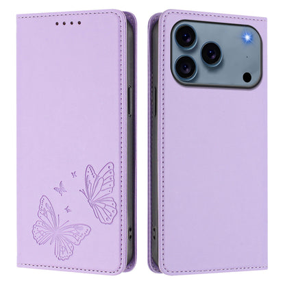For iPhone 17 Pro Wallet Case RFID Blocking Butterfly Imprinted Magnetic Flip Leather Cover