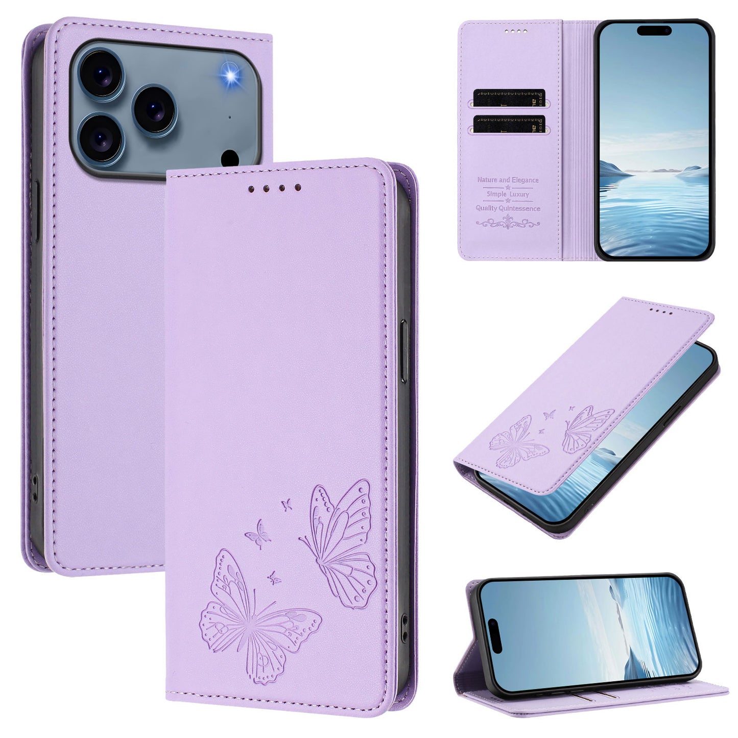 For iPhone 17 Pro Wallet Case RFID Blocking Butterfly Imprinted Magnetic Flip Leather Cover