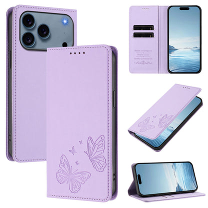 For iPhone 17 Pro Wallet Case RFID Blocking Butterfly Imprinted Magnetic Flip Leather Cover