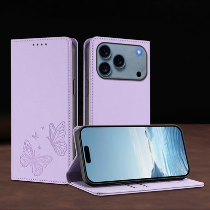 For iPhone 17 Pro Wallet Case RFID Blocking Butterfly Imprinted Magnetic Flip Leather Cover