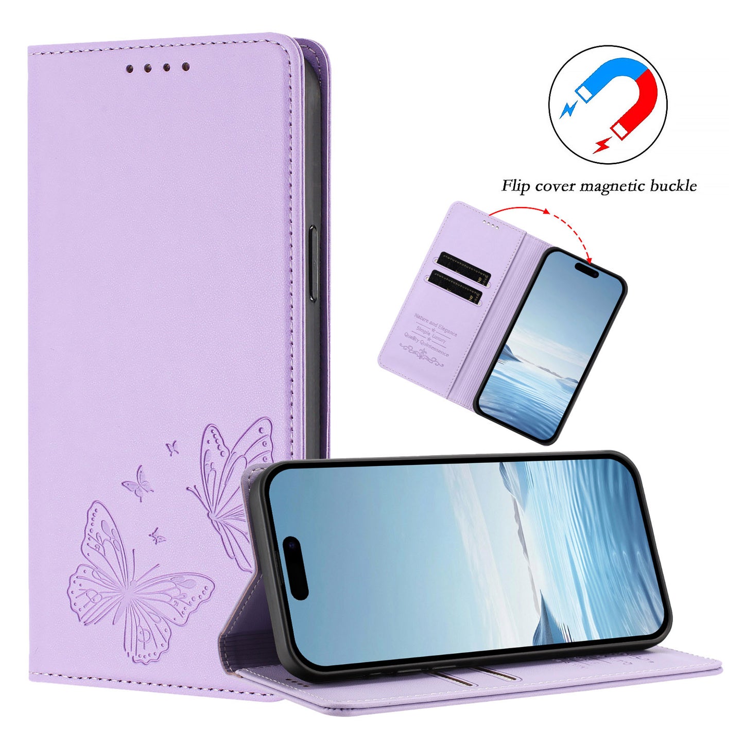 For iPhone 17 Pro Wallet Case RFID Blocking Butterfly Imprinted Magnetic Flip Leather Cover