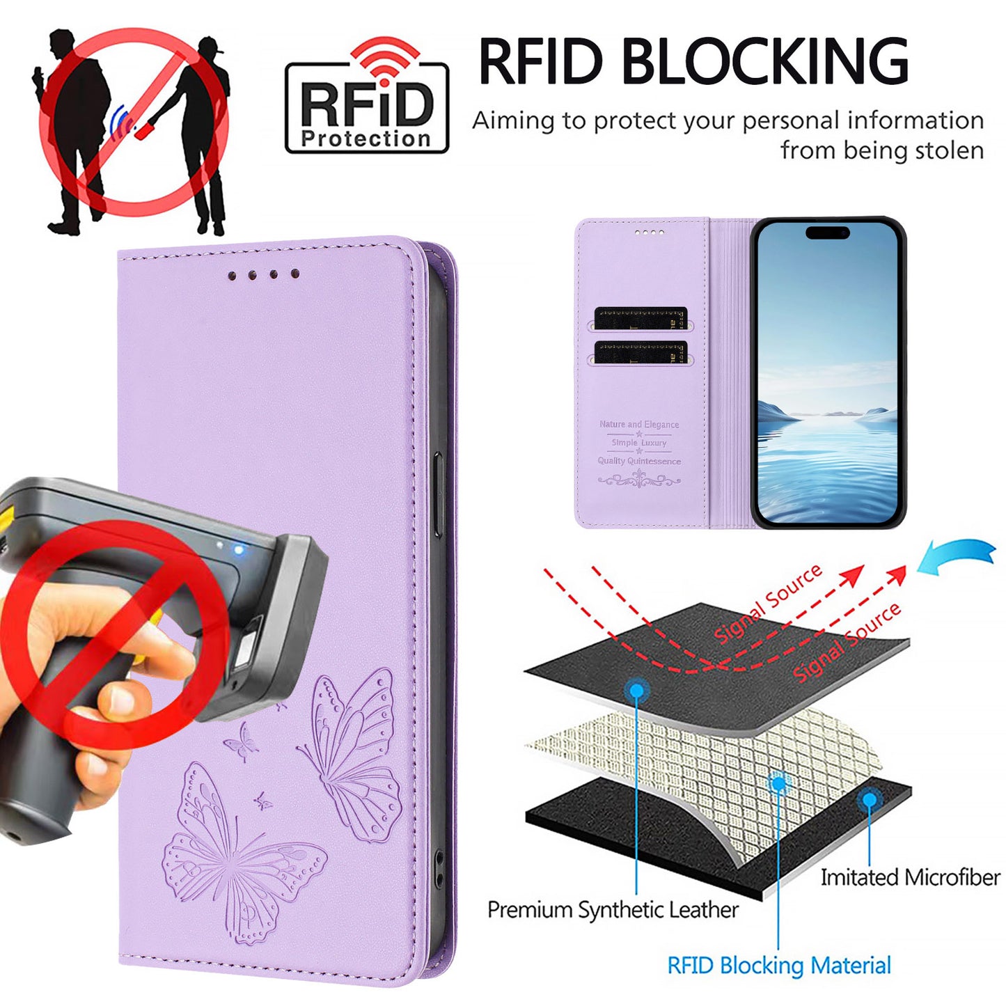 For iPhone 17 Pro Wallet Case RFID Blocking Butterfly Imprinted Magnetic Flip Leather Cover