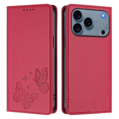 For iPhone 17 Pro Wallet Case RFID Blocking Butterfly Imprinted Magnetic Flip Leather Cover