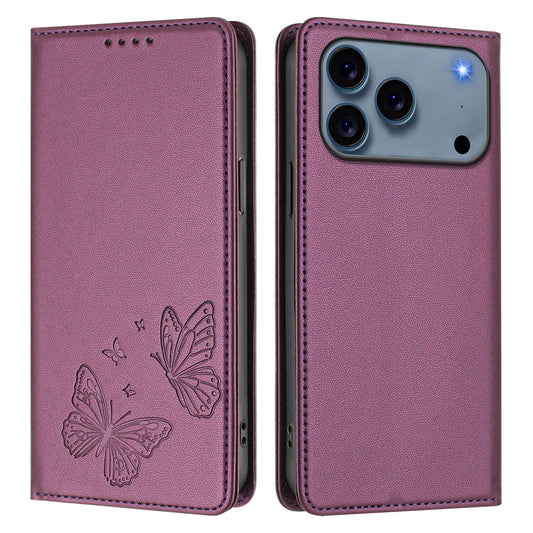 For iPhone 17 Pro Wallet Case RFID Blocking Butterfly Imprinted Magnetic Flip Leather Cover