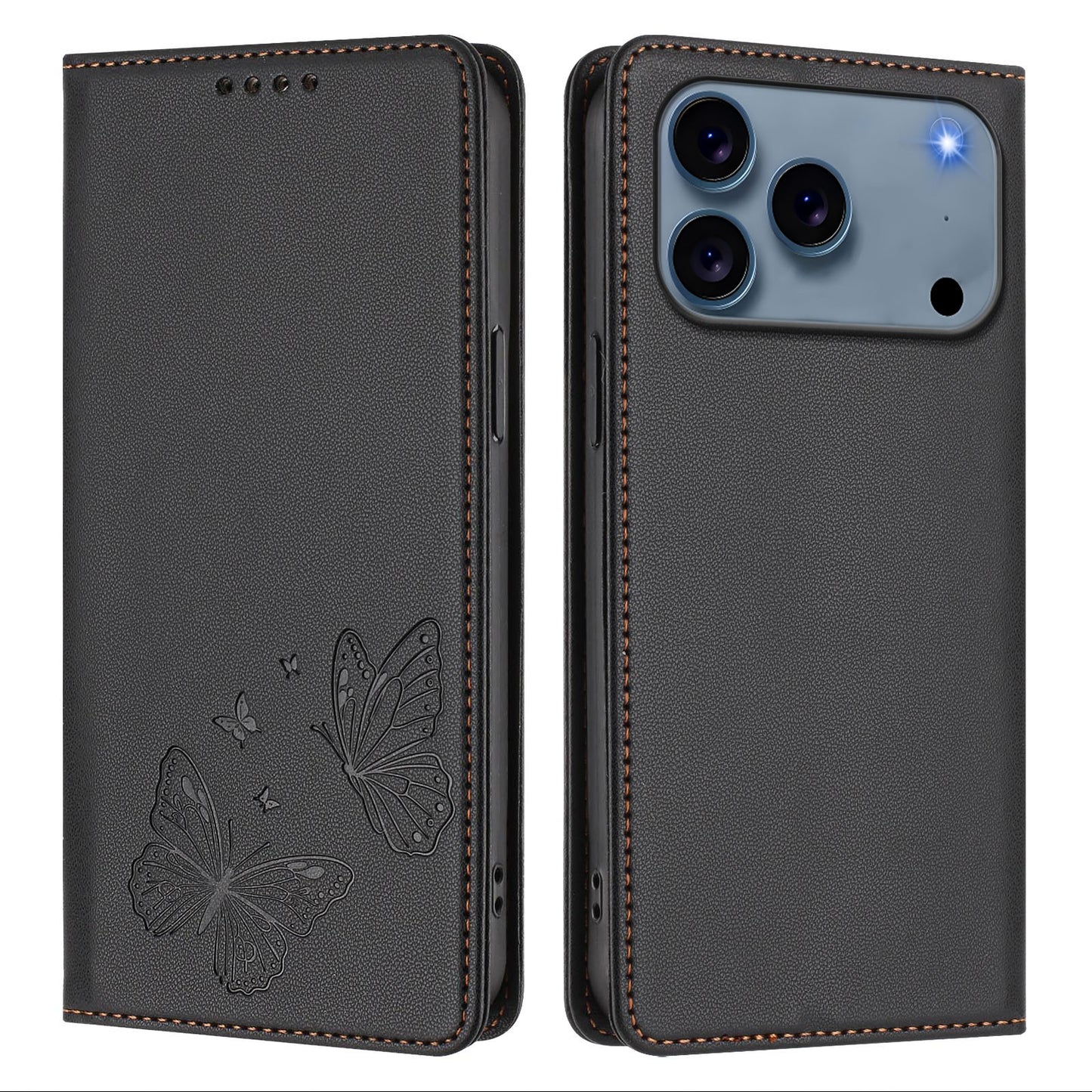 For iPhone 17 Pro Wallet Case RFID Blocking Butterfly Imprinted Magnetic Flip Leather Cover