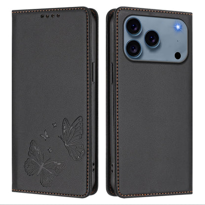 For iPhone 17 Pro Wallet Case RFID Blocking Butterfly Imprinted Magnetic Flip Leather Cover