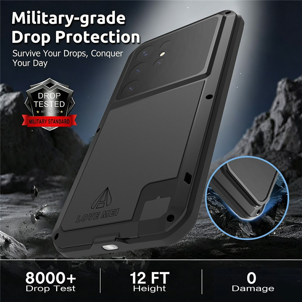 LOVE MEI For Samsung Galaxy S26 Ultra Case Metal + Silicone Full Body Phone Cover with Tempered Glass Film