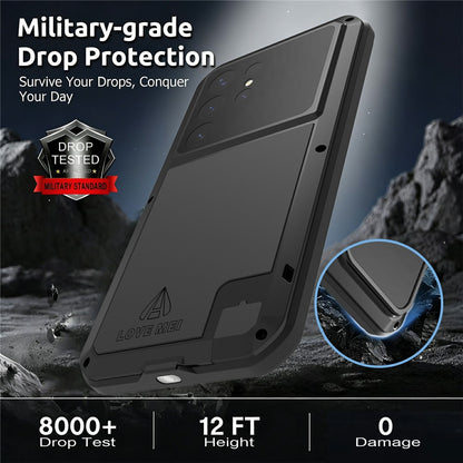 LOVE MEI For Samsung Galaxy S26 Ultra Case Metal + Silicone Full Body Phone Cover with Tempered Glass Film