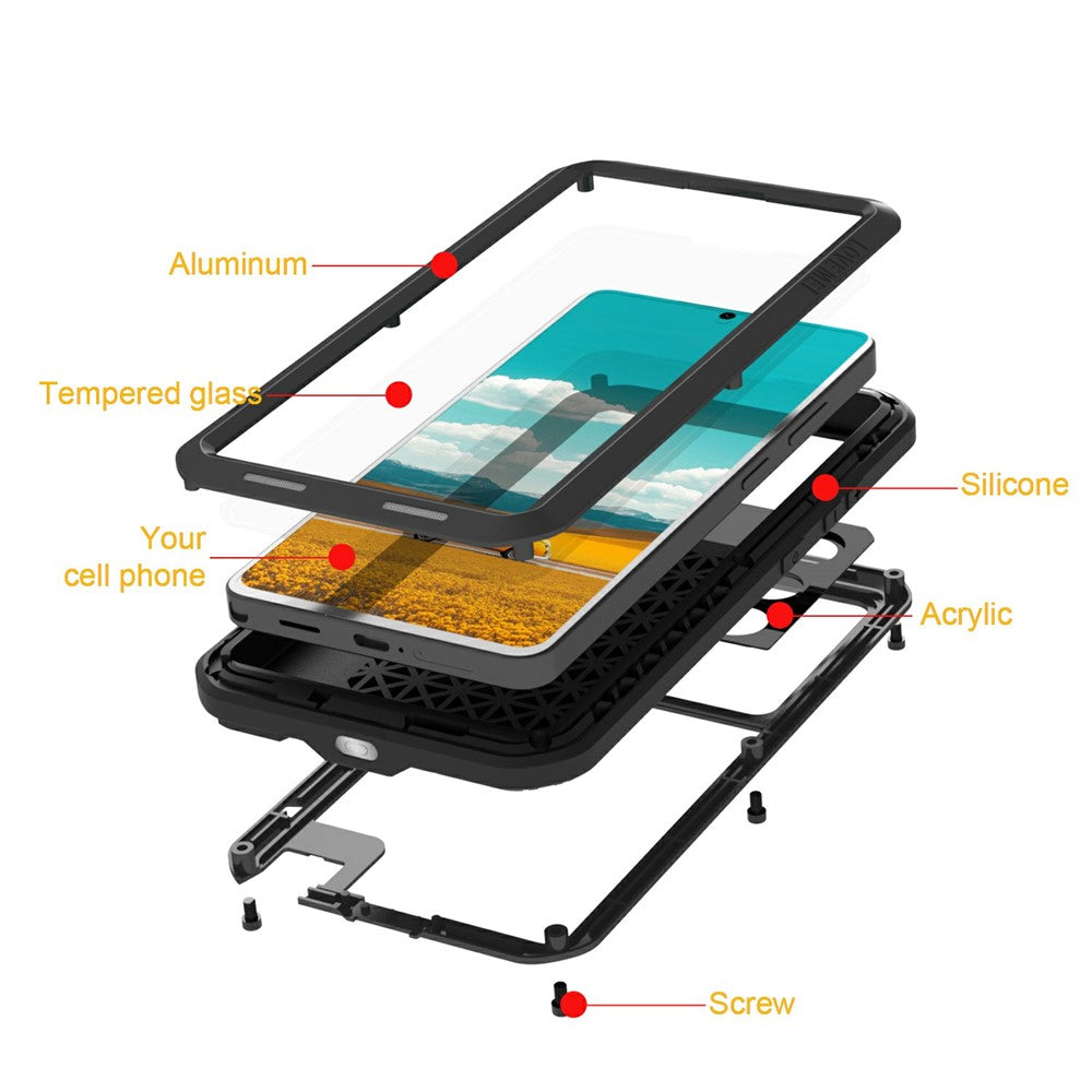 LOVE MEI For Samsung Galaxy S26 Ultra Case Metal + Silicone Full Body Phone Cover with Tempered Glass Film