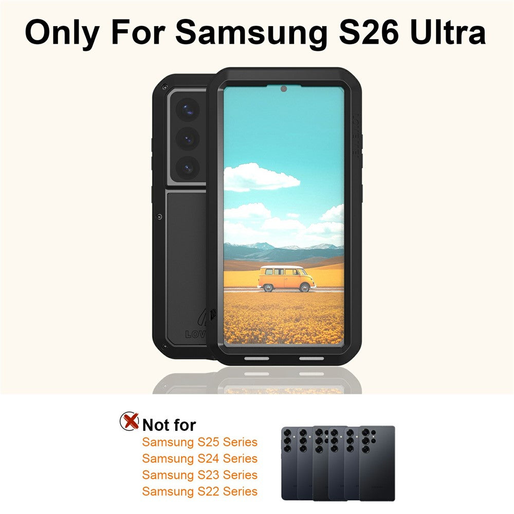 LOVE MEI For Samsung Galaxy S26 Ultra Case Metal + Silicone Full Body Phone Cover with Tempered Glass Film