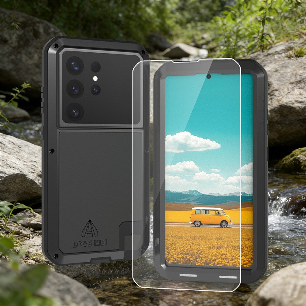 LOVE MEI For Samsung Galaxy S26 Ultra Case Metal + Silicone Full Body Phone Cover with Tempered Glass Film