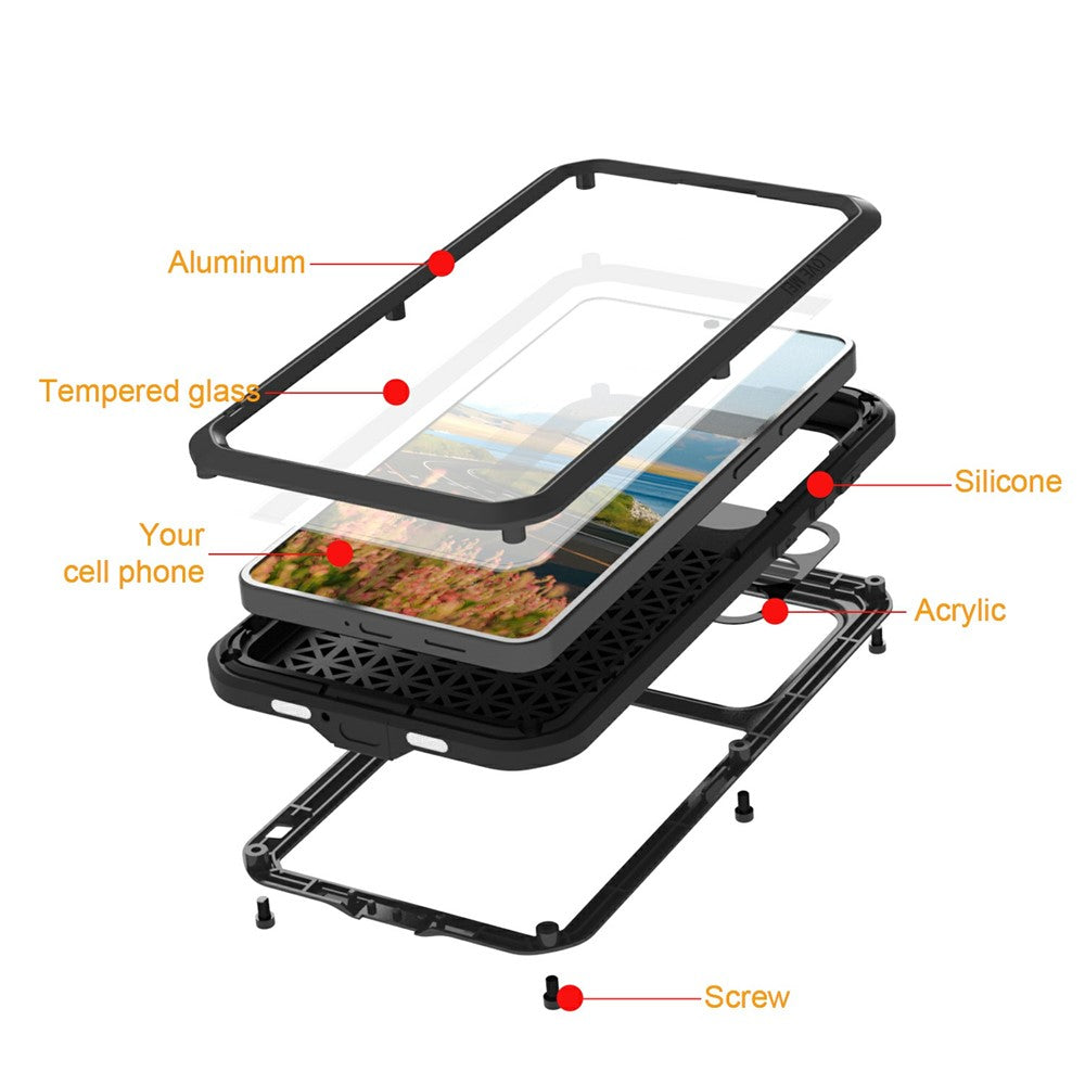 LOVE MEI For Samsung Galaxy S26+ Case Metal + Silicone Full Body Phone Cover with Tempered Glass Film