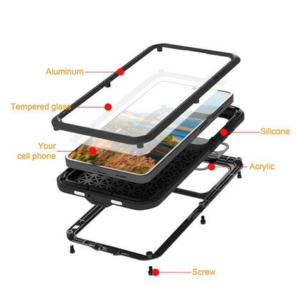 LOVE MEI For Samsung Galaxy S26+ Case Metal + Silicone Full Body Phone Cover with Tempered Glass Film