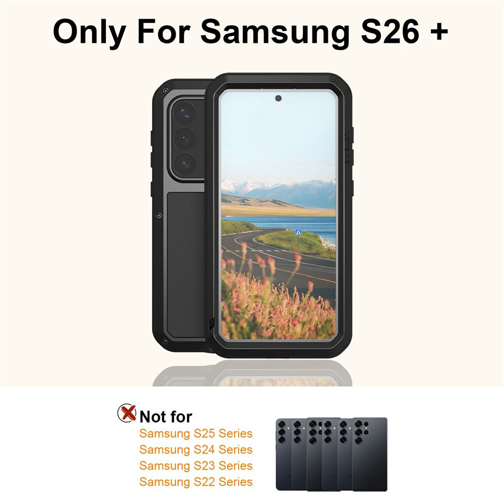 LOVE MEI For Samsung Galaxy S26+ Case Metal + Silicone Full Body Phone Cover with Tempered Glass Film