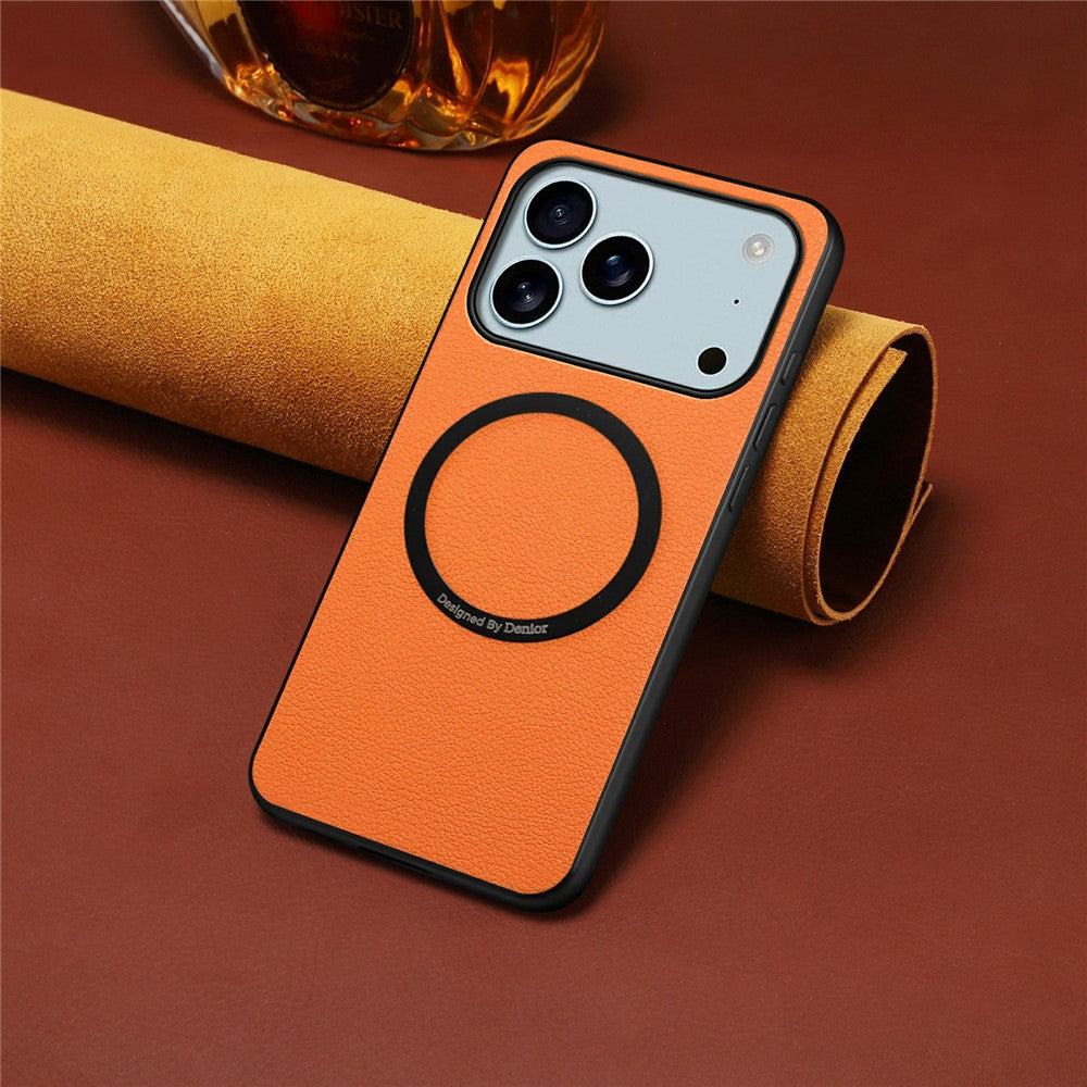 DENIOR A08+1 For iPhone 17 Pro Max Magnetic Case Calf Texture Leather + PC + TPU Phone Cover