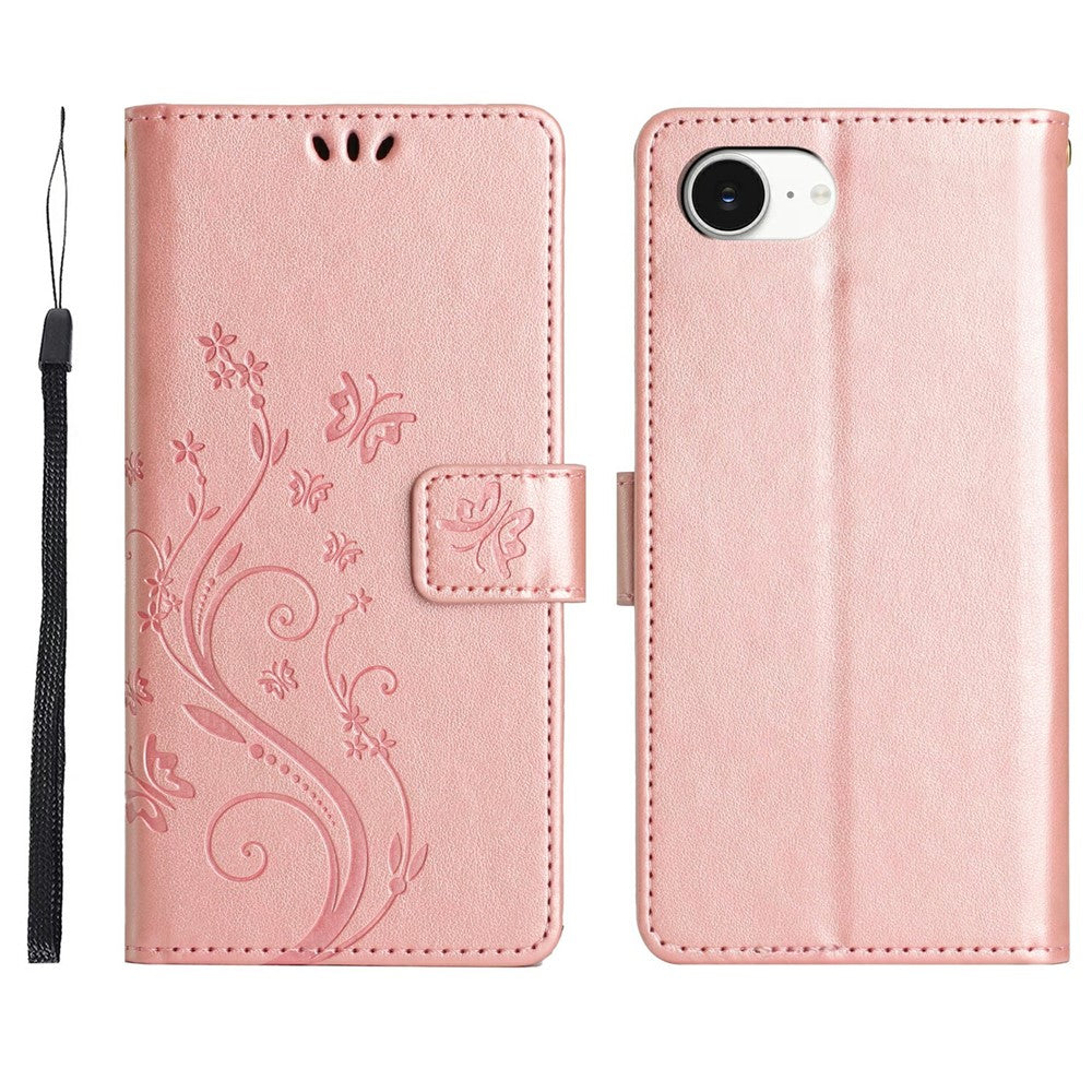 For iPhone 17e Leather Wallet Case Butterfly Flower Imprinted Phone Cover with Strap