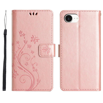 For iPhone 17e Leather Wallet Case Butterfly Flower Imprinted Phone Cover with Strap