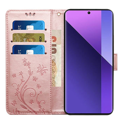 For iPhone 17e Leather Wallet Case Butterfly Flower Imprinted Phone Cover with Strap