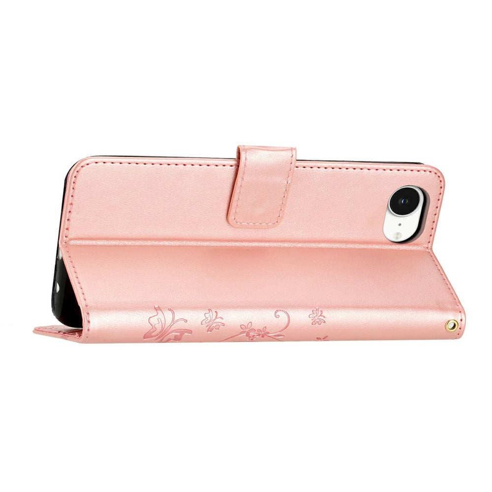 For iPhone 17e Leather Wallet Case Butterfly Flower Imprinted Phone Cover with Strap