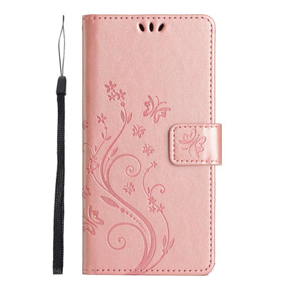 For iPhone 17e Leather Wallet Case Butterfly Flower Imprinted Phone Cover with Strap