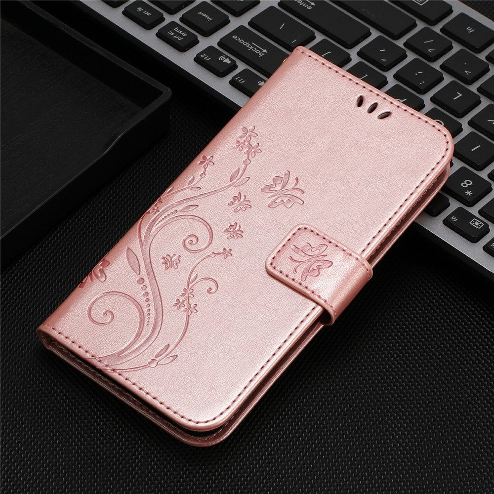 For iPhone 17e Leather Wallet Case Butterfly Flower Imprinted Phone Cover with Strap
