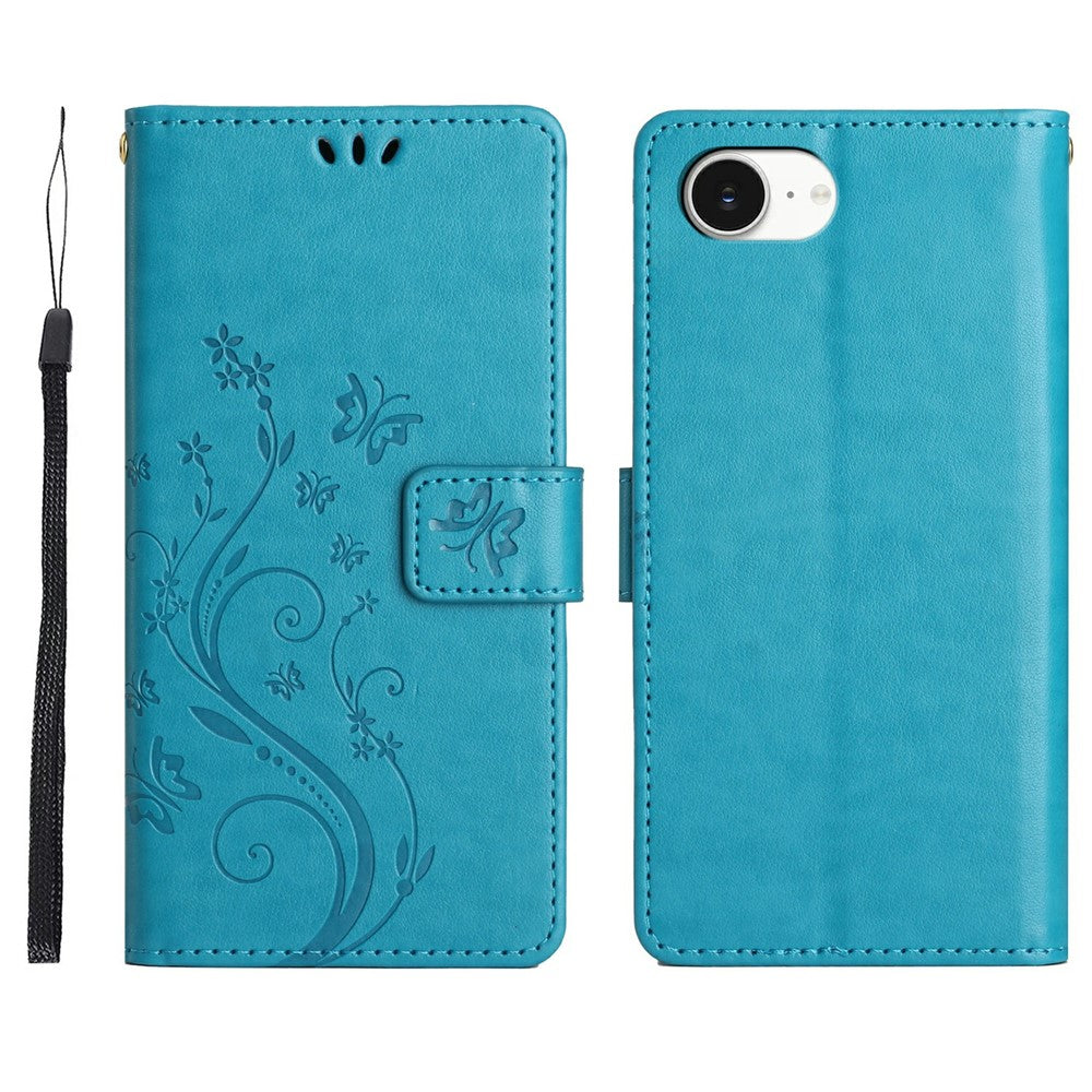 For iPhone 17e Leather Wallet Case Butterfly Flower Imprinted Phone Cover with Strap
