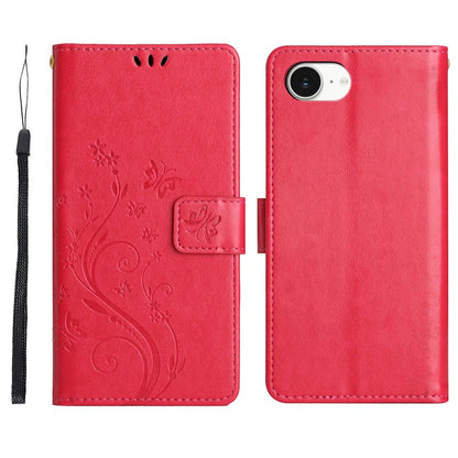 For iPhone 17e Leather Wallet Case Butterfly Flower Imprinted Phone Cover with Strap