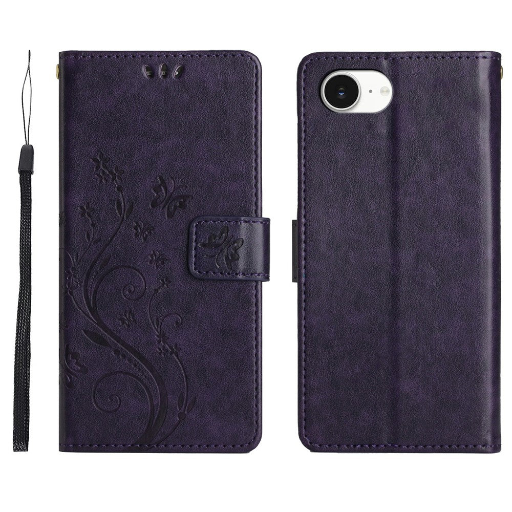 For iPhone 17e Leather Wallet Case Butterfly Flower Imprinted Phone Cover with Strap