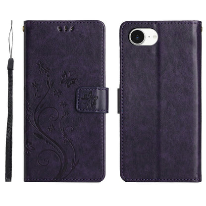 For iPhone 17e Leather Wallet Case Butterfly Flower Imprinted Phone Cover with Strap