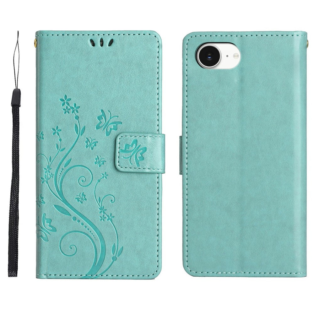 For iPhone 17e Leather Wallet Case Butterfly Flower Imprinted Phone Cover with Strap
