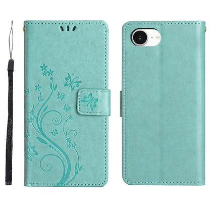 For iPhone 17e Leather Wallet Case Butterfly Flower Imprinted Phone Cover with Strap