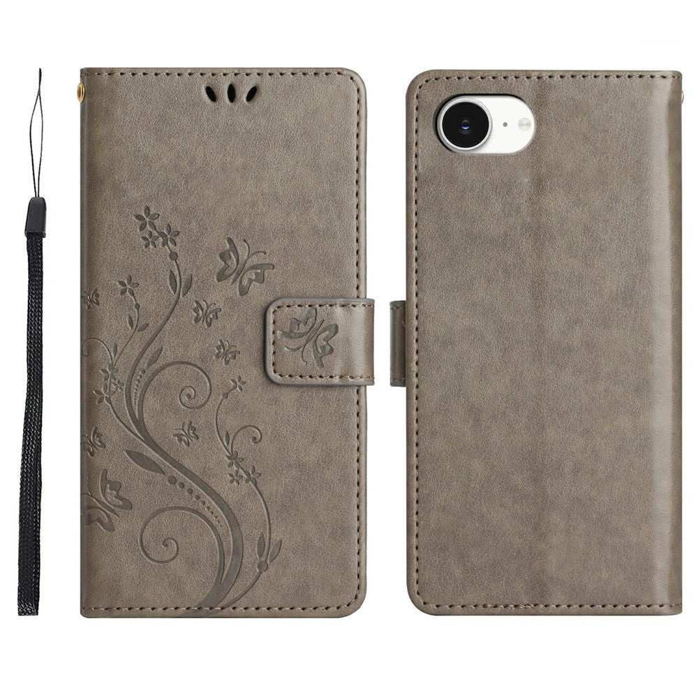 For iPhone 17e Leather Wallet Case Butterfly Flower Imprinted Phone Cover with Strap