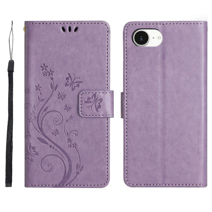 For iPhone 17e Leather Wallet Case Butterfly Flower Imprinted Phone Cover with Strap