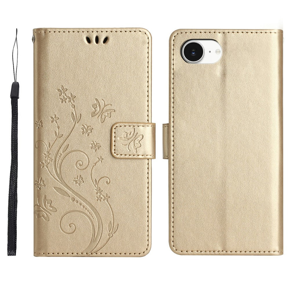 For iPhone 17e Leather Wallet Case Butterfly Flower Imprinted Phone Cover with Strap