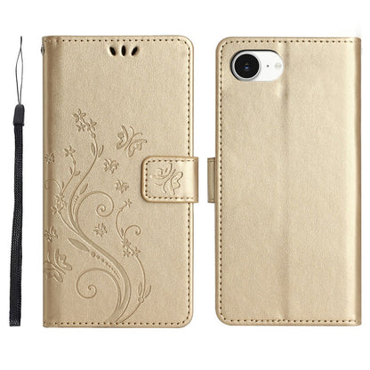 For iPhone 17e Leather Wallet Case Butterfly Flower Imprinted Phone Cover with Strap