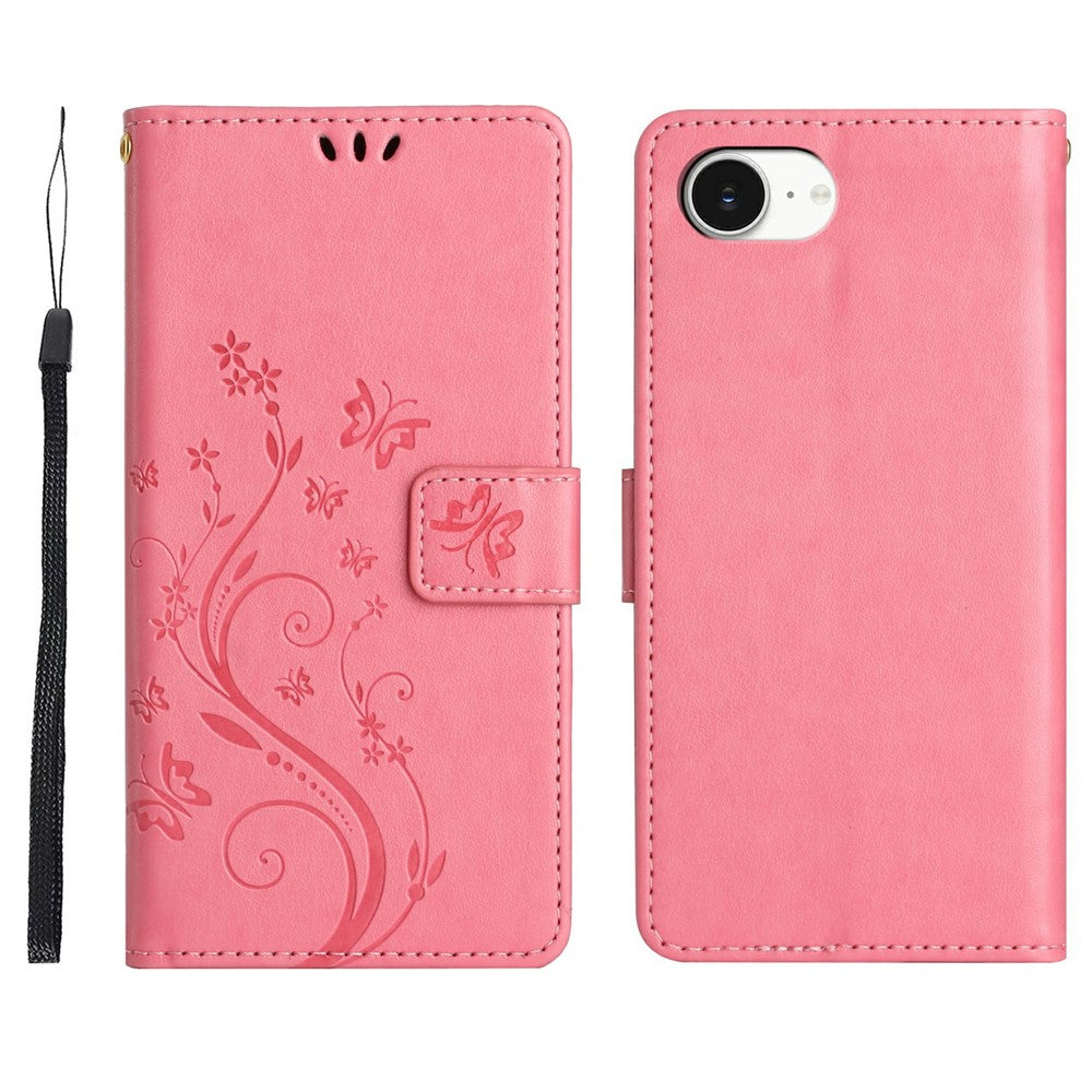 For iPhone 17e Leather Wallet Case Butterfly Flower Imprinted Phone Cover with Strap