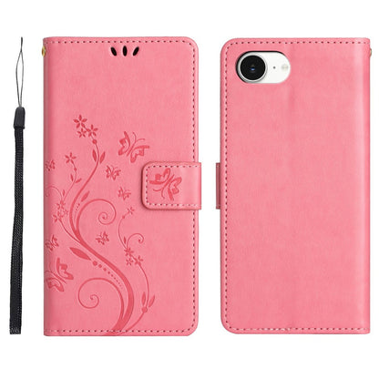 For iPhone 17e Leather Wallet Case Butterfly Flower Imprinted Phone Cover with Strap