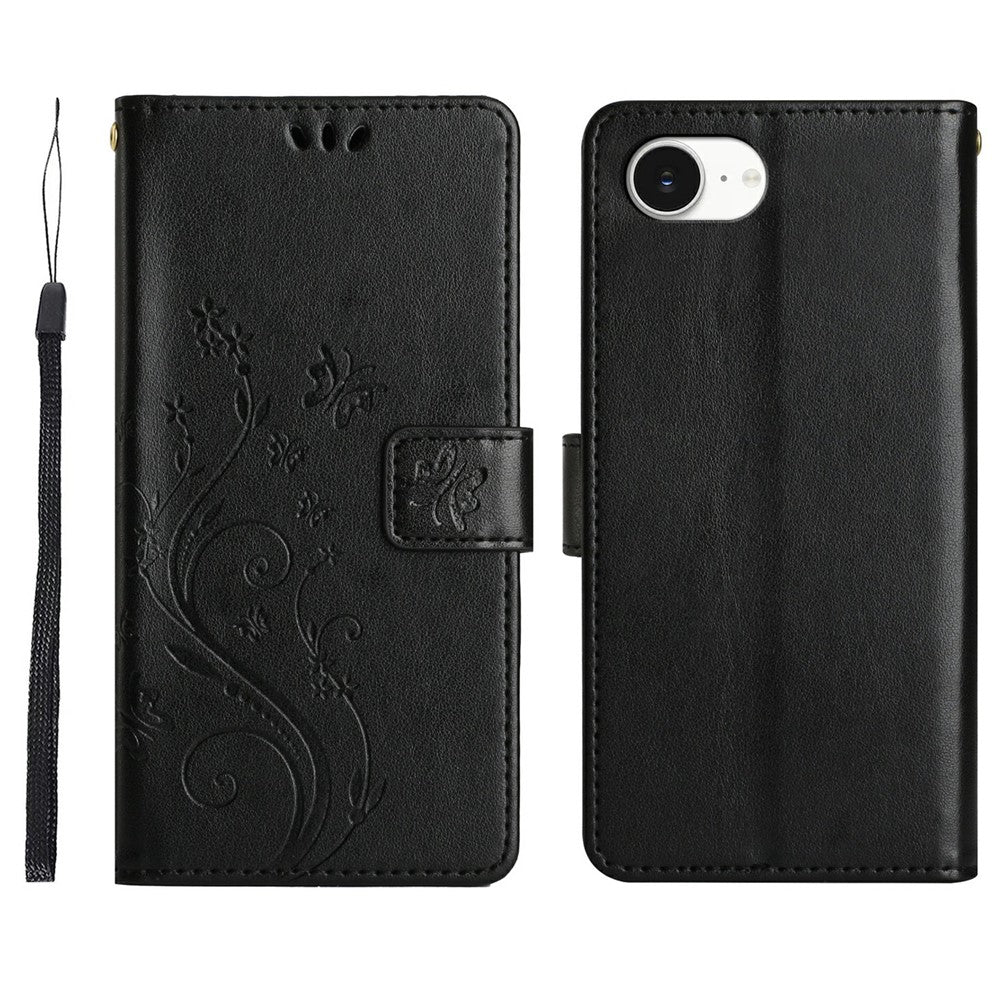 For iPhone 17e Leather Wallet Case Butterfly Flower Imprinted Phone Cover with Strap