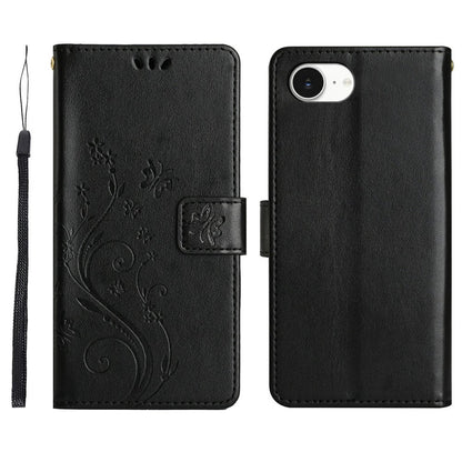 For iPhone 17e Leather Wallet Case Butterfly Flower Imprinted Phone Cover with Strap
