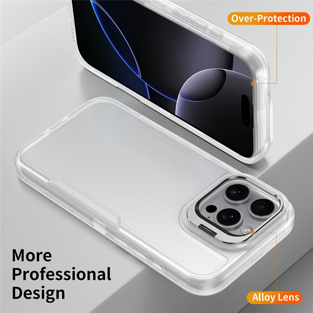 For iPhone 16 Pro Max Case TPU + PC Hybrid Phone Cover with Alloy Lens Frame Kickstand