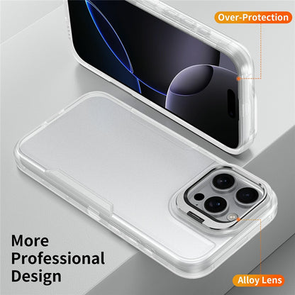 For iPhone 16 Pro Max Case TPU + PC Hybrid Phone Cover with Alloy Lens Frame Kickstand