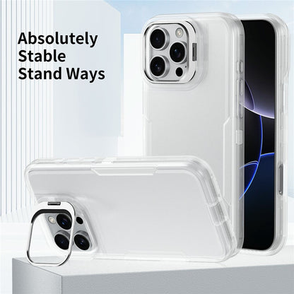 For iPhone 16 Pro Max Case TPU + PC Hybrid Phone Cover with Alloy Lens Frame Kickstand