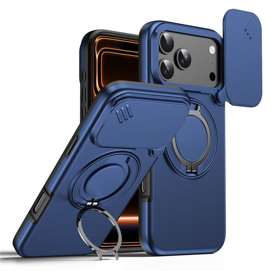 For iPhone 17 Pro Magnetic Case Ring Kickstand Slide Camera Cover TPU PC Hybrid Phone Shell