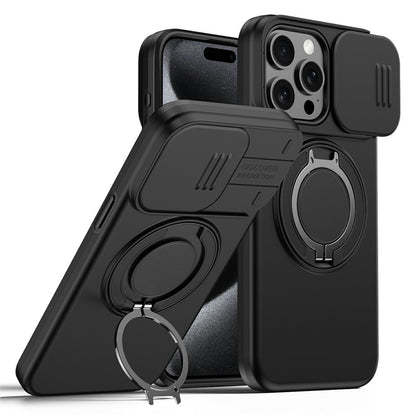 For iPhone 15 Pro Max Magnetic Case Ring Kickstand Slide Camera Cover TPU PC Hybrid Phone Shell