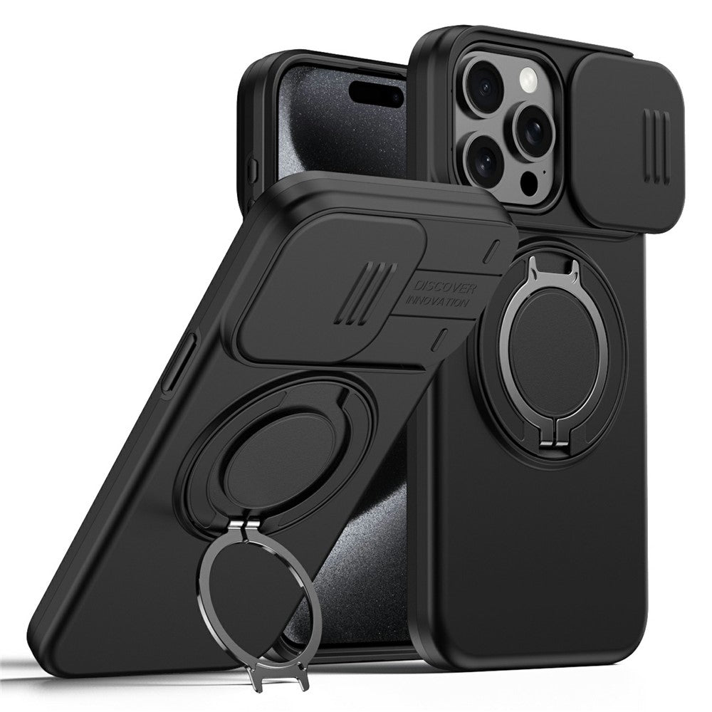 For iPhone 15 Pro Max Magnetic Case Ring Kickstand Slide Camera Cover TPU PC Hybrid Phone Shell