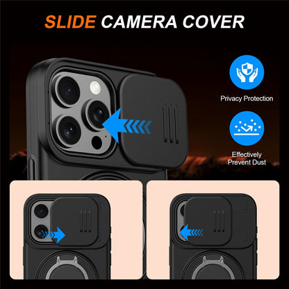 For iPhone 15 Pro Max Magnetic Case Ring Kickstand Slide Camera Cover TPU PC Hybrid Phone Shell