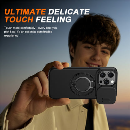For iPhone 15 Pro Max Magnetic Case Ring Kickstand Slide Camera Cover TPU PC Hybrid Phone Shell